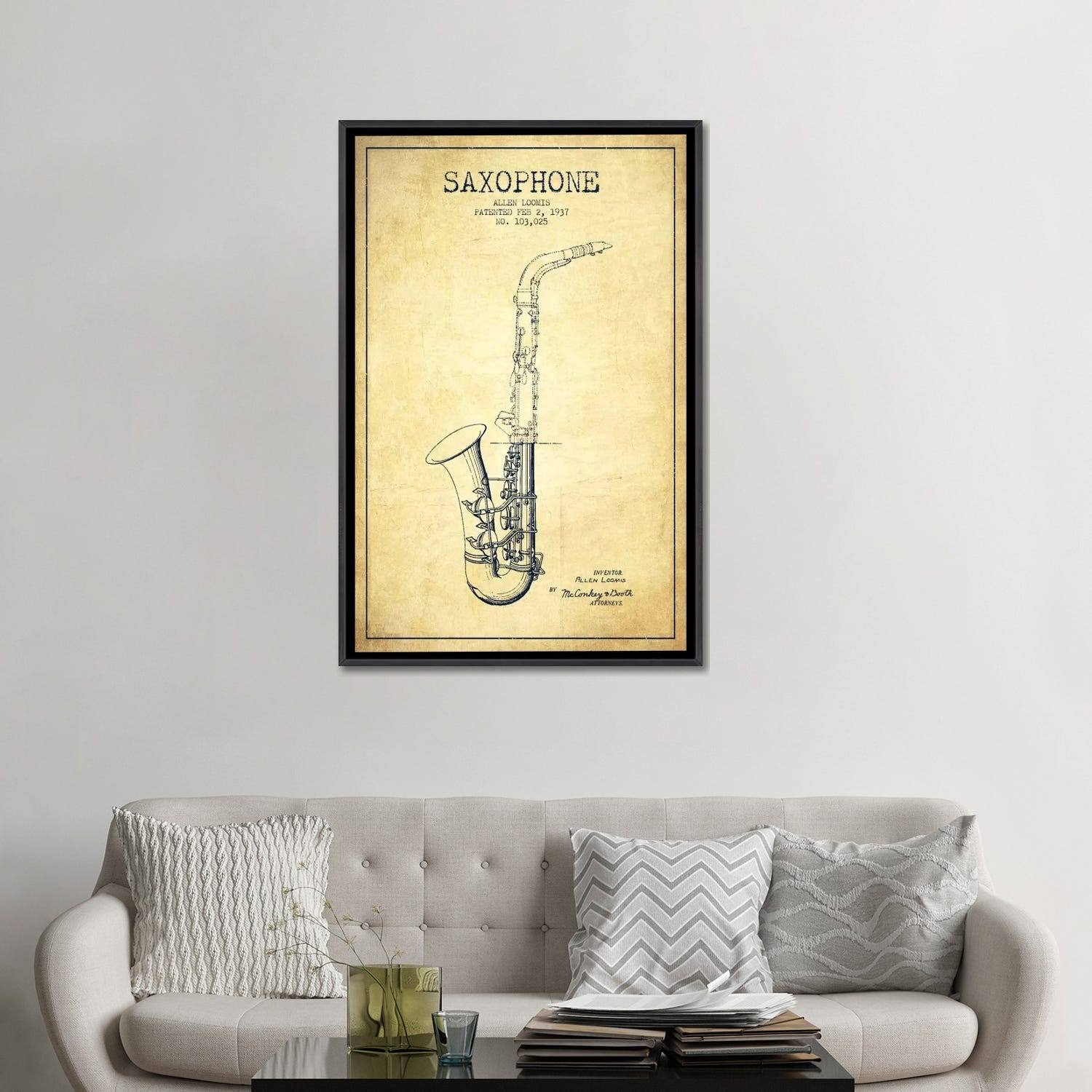 iCanvas "Saxophone Vintage Patent Blueprint" by Aged Pixel Framed Bed